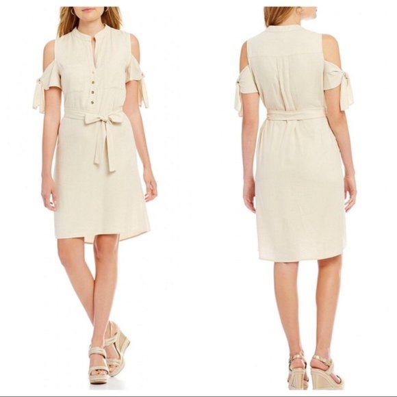 Antonio Melani Womens Cold Shoulder Twill Dress Khaki Tan Short Sleeves size 12 - Picture 1 of 8